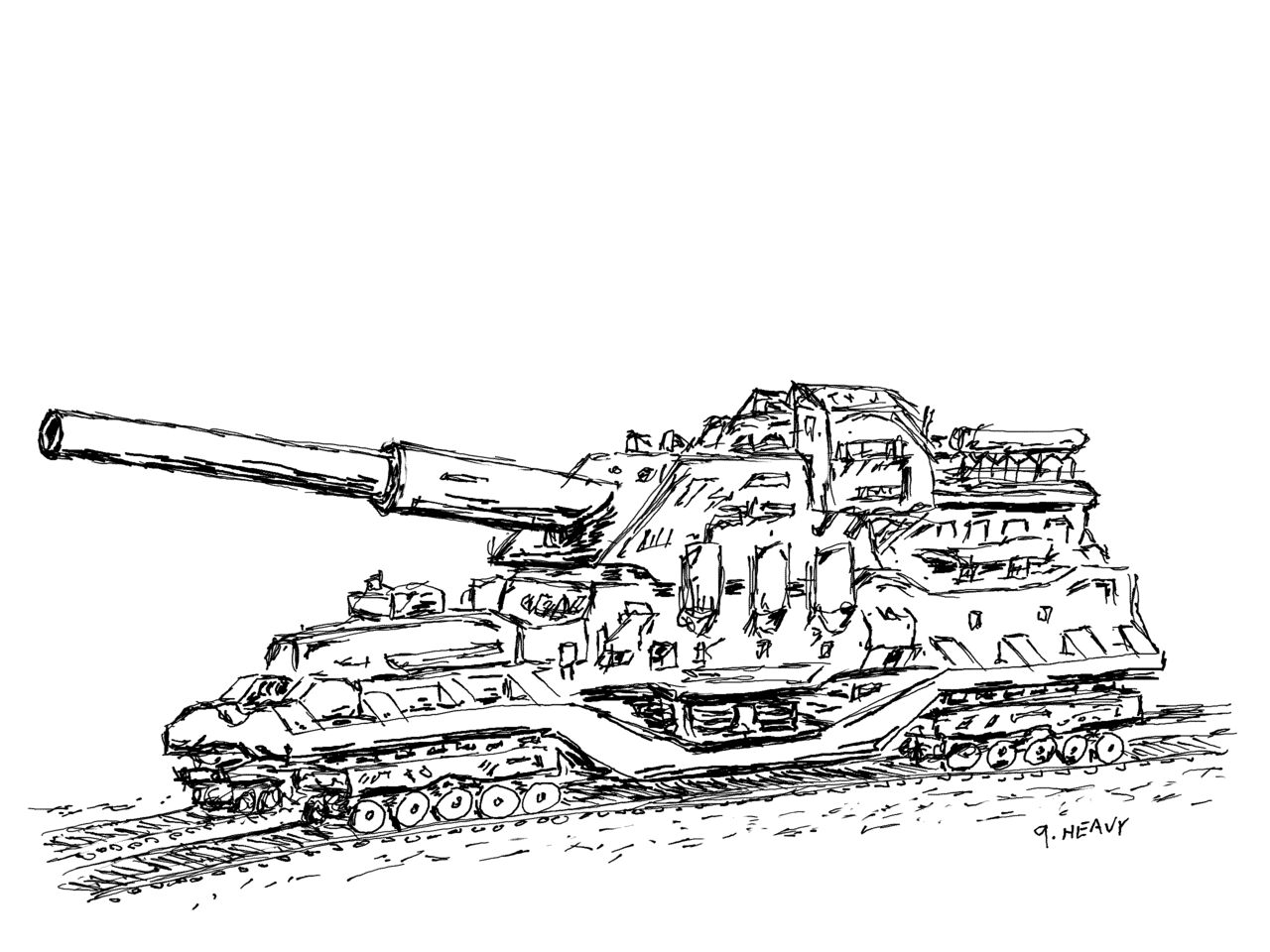 A large and bulky rail gun sitting on two tracks